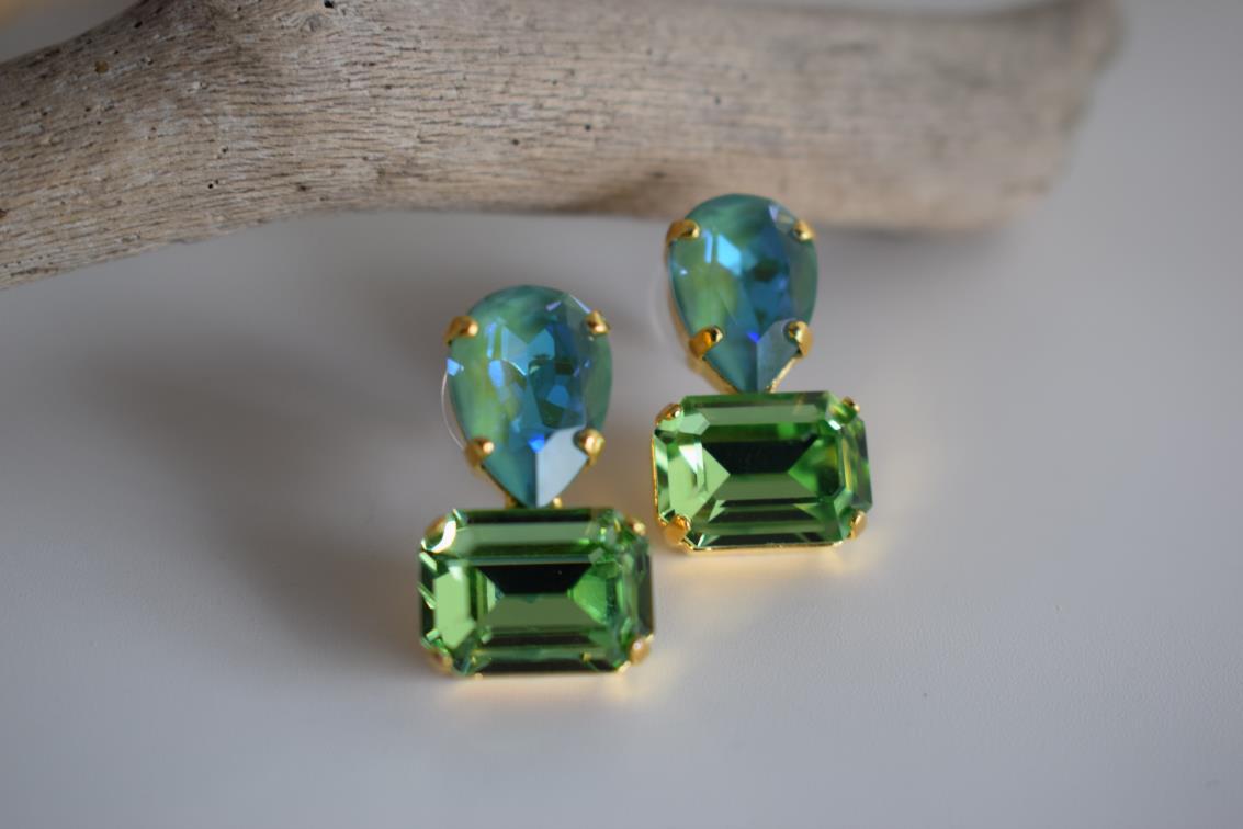 Okeanos earrings Greek hammered jewelry with emerald-cut and teardrop green crystals in 18K gold, silver, and rose gold plated finish.