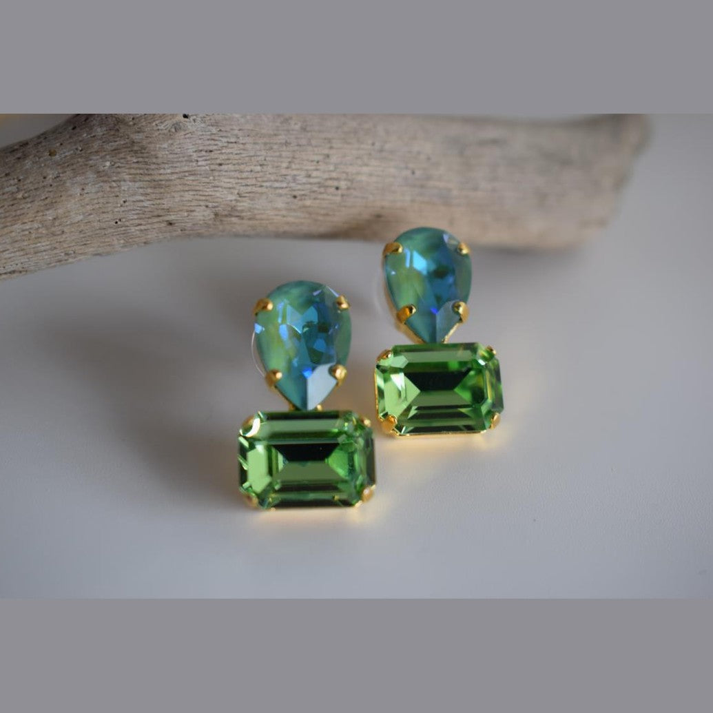 Okeanos earrings Greek hammered jewelry with emerald-cut and teardrop green crystals in 18K gold, silver, and rose gold plated finish.