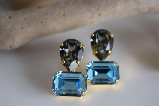 Okeanos earrings Greek hammered jewelry with emerald-cut and teardrop green crystals in 18K gold, silver, and rose gold plated finish.