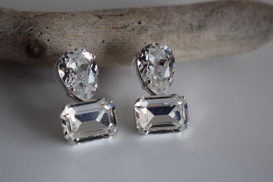 Okeanos earrings Greek hammered jewelry with emerald-cut and teardrop green crystals in 18K gold, silver, and rose gold plated finish.