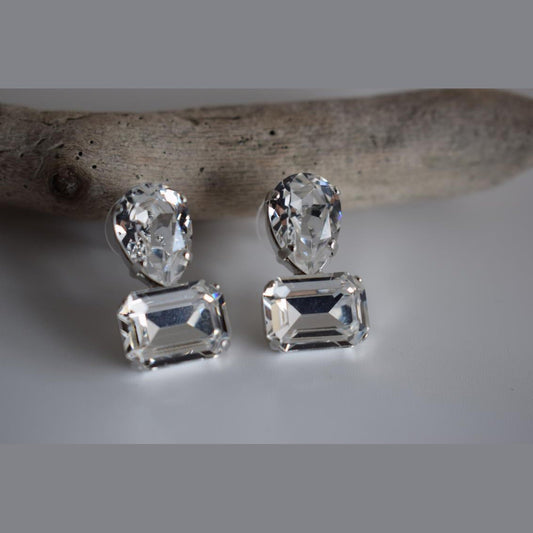 Okeanos earrings Greek hammered jewelry with emerald-cut and teardrop green crystals in 18K gold, silver, and rose gold plated finish.