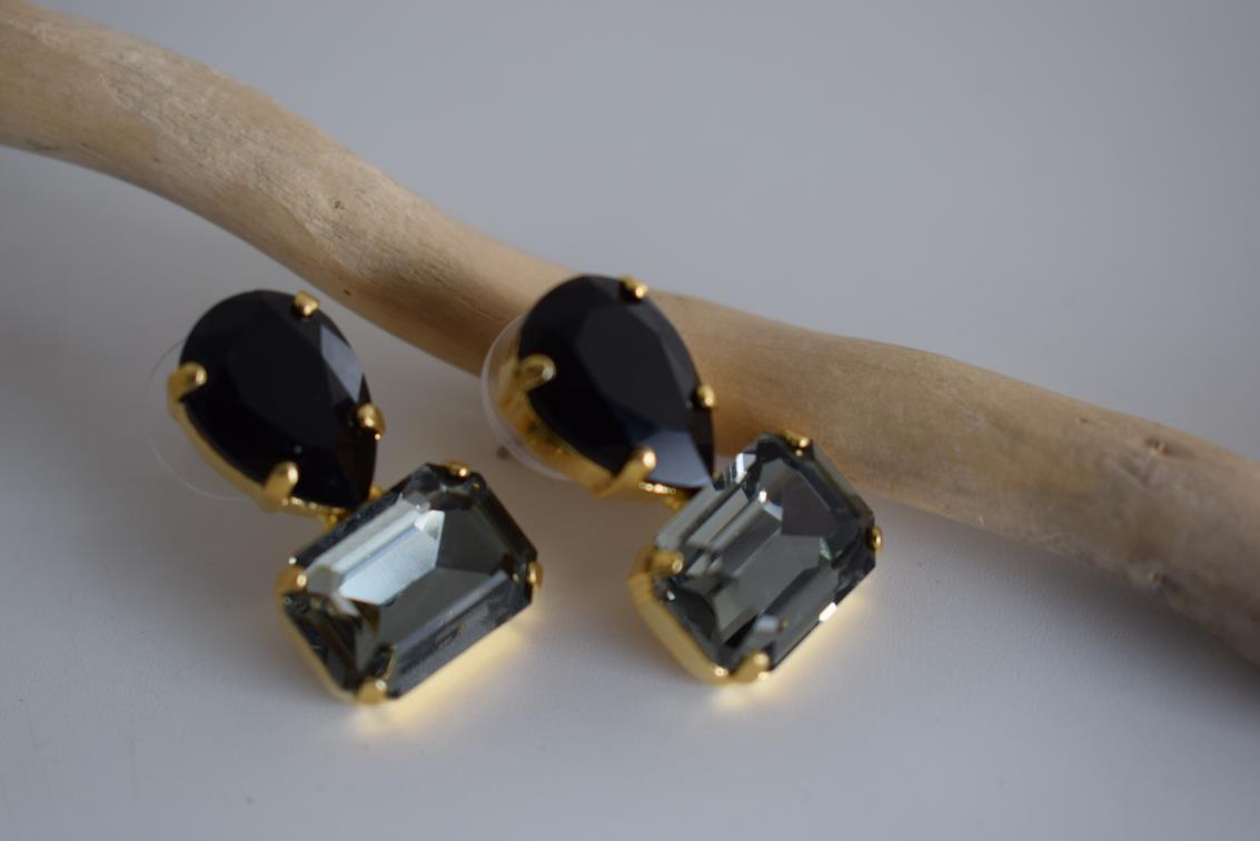 Okeanos earrings Greek hammered jewelry with emerald-cut and teardrop green crystals in 18K gold, silver, and rose gold plated finish.