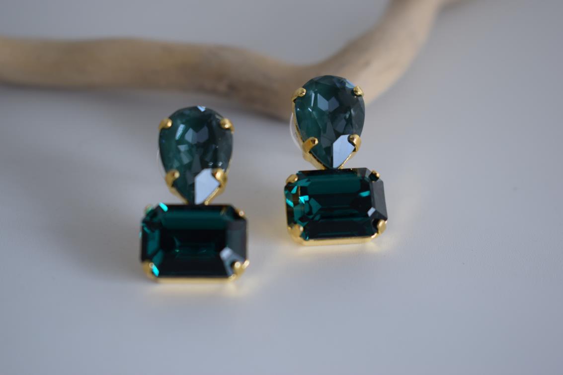 Okeanos earrings Greek hammered jewelry with emerald-cut and teardrop green crystals in 18K gold, silver, and rose gold plated finish.