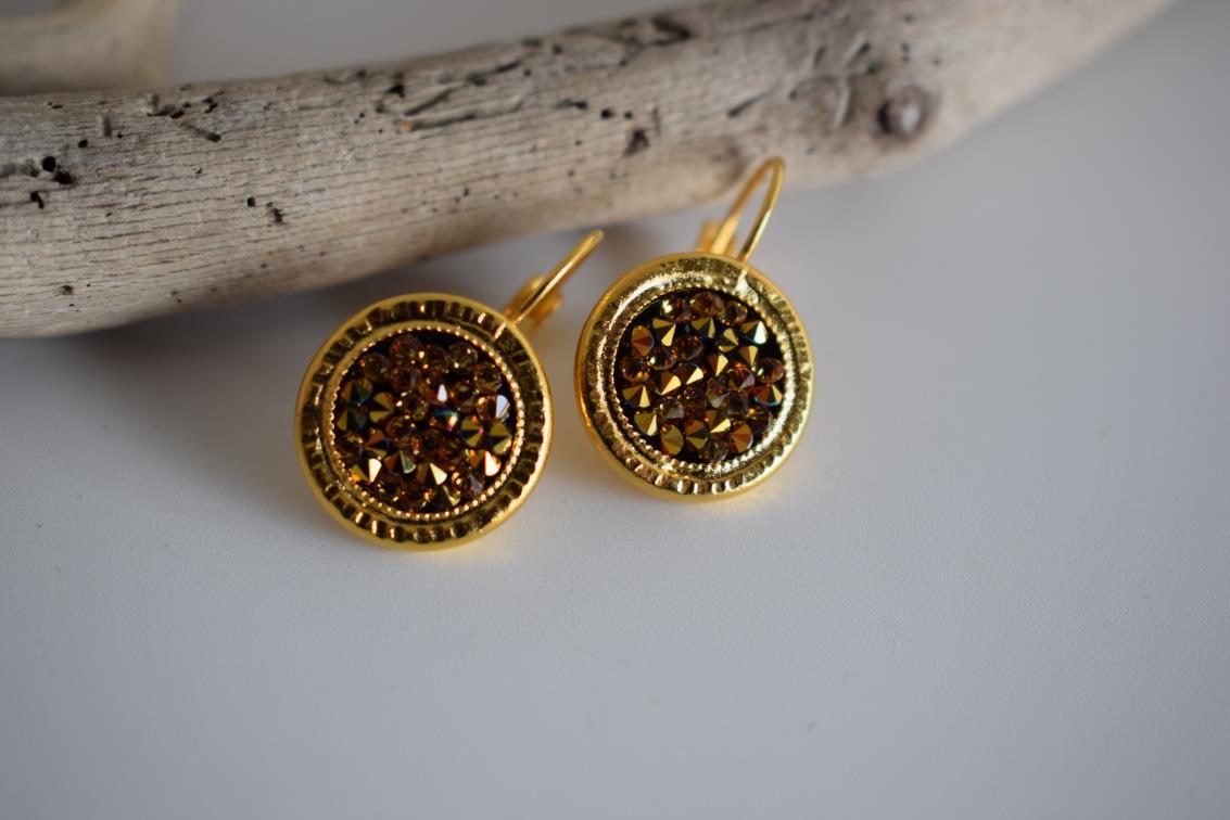Seleni earrings with Swarovski – Greek hammered jewelry 18K gold plated, also available in silver and rose gold plating.