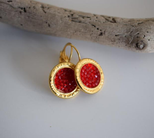 Seleni earrings with Swarovski – Greek hammered jewelry 18K gold plated, also available in silver and rose gold plating.