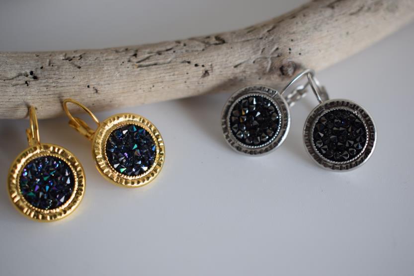 Seleni earrings with Swarovski – Greek hammered jewelry 18K gold plated, also available in silver and rose gold plating.