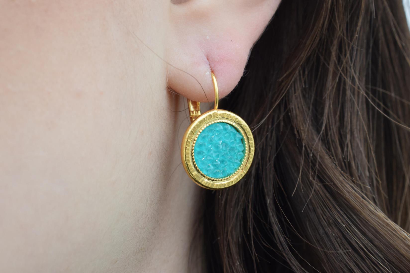 Seleni earrings with Swarovski – Greek hammered jewelry 18K gold plated, also available in silver and rose gold plating.