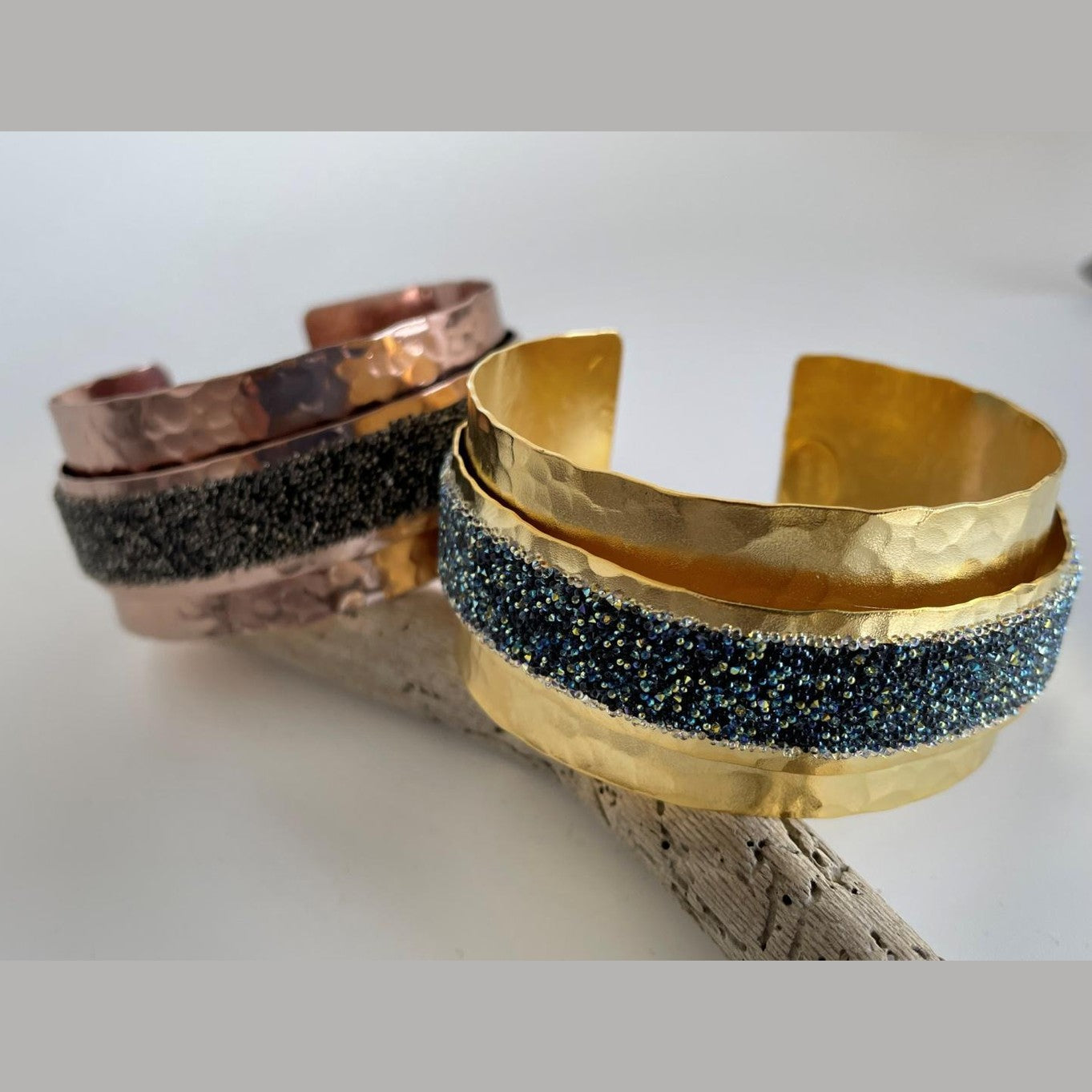 Handmade Eclipse bracelet with Swarovski crystals, Greek hammered jewelry available in 18K gold, silver and rose gold plating.