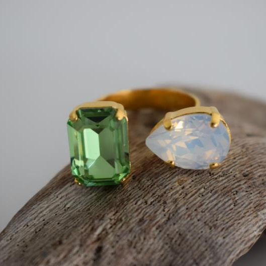 Okeanos ring Greek hammered jewelry with emerald-cut and teardrop crystals in 18K gold, silver, and rose gold plated finish.
