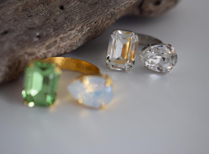 Okeanos ring Greek hammered jewelry with emerald-cut and teardrop crystals in 18K gold, silver, and rose gold plated finish.