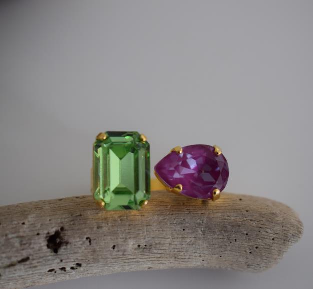 Okeanos ring Greek hammered jewelry with emerald-cut and teardrop crystals in 18K gold, silver, and rose gold plated finish.