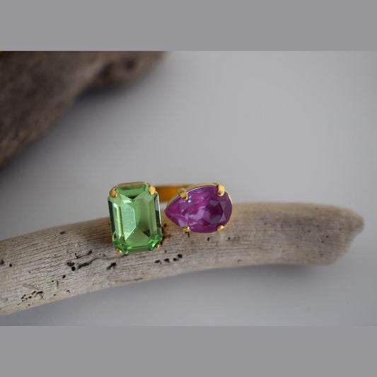 Okeanos ring Greek hammered jewelry with emerald-cut and teardrop crystals in 18K gold, silver, and rose gold plated finish.