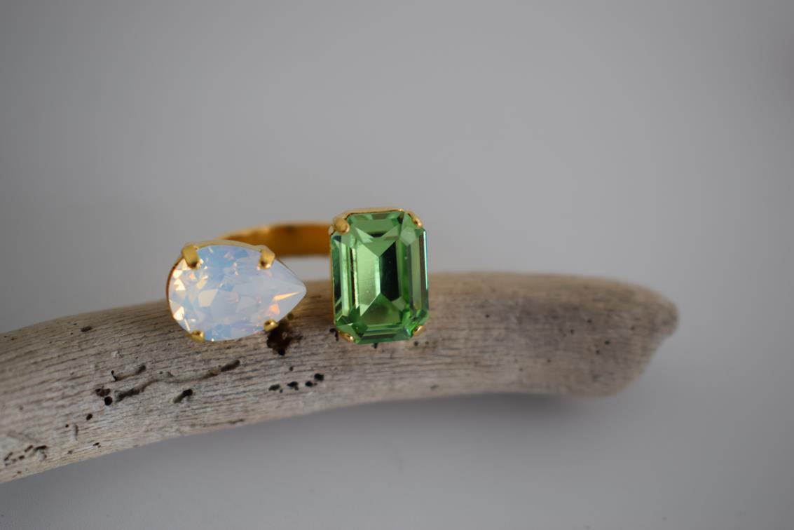 Okeanos ring Greek hammered jewelry with emerald-cut and teardrop crystals in 18K gold, silver, and rose gold plated finish.