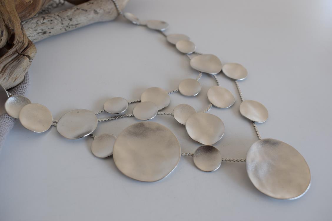 Mycenae necklace with hammered disc design inspired by Mycenaean gold treasures. Greek hammered jewelry in 18K gold, silver, or rose gold plating.