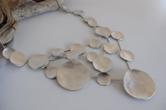 Mycenae necklace with hammered disc design inspired by Mycenaean gold treasures. Greek hammered jewelry in 18K gold, silver, or rose gold plating.
