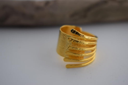 Mycenae ring – Greek hammered jewelry with spiral hammered design, inspired by Mycenaean treasures, available in 18K gold-plated, 18K silver-plated, and rose-gold plated finishes.