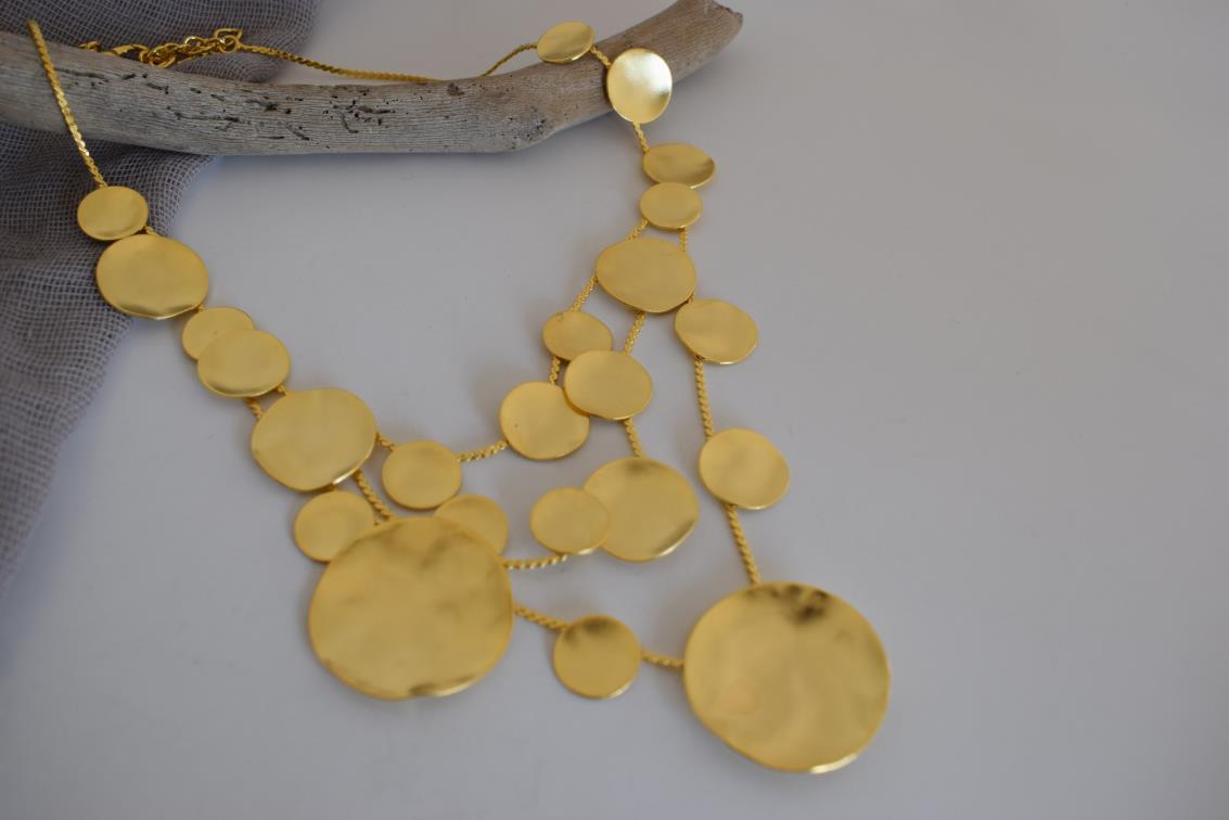 Mycenae necklace with hammered disc design inspired by Mycenaean gold treasures. Greek hammered jewelry in 18K gold, silver, or rose gold plating.