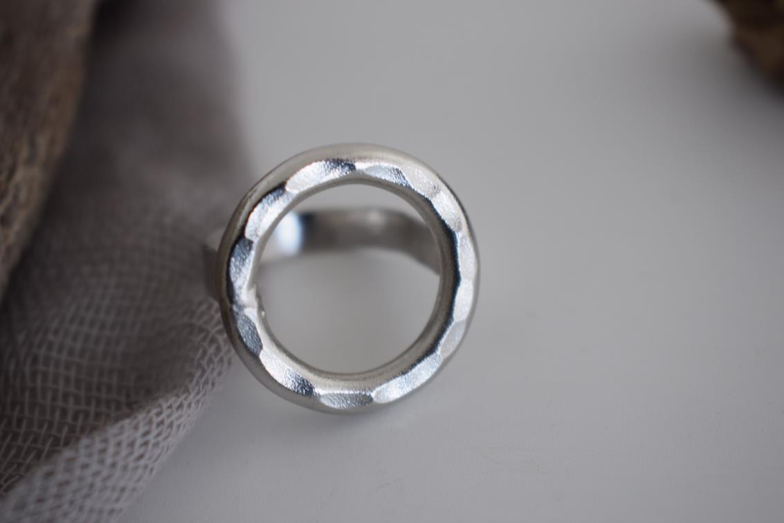 Galaxia ring Greek hammered jewelry with circular open design, available in gold, silver, and rose gold plated.