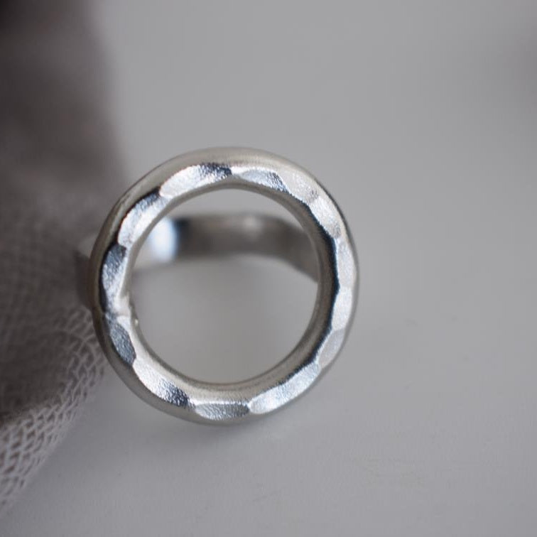 Galaxia ring Greek hammered jewelry with circular open design, available in gold, silver, and rose gold plated.
