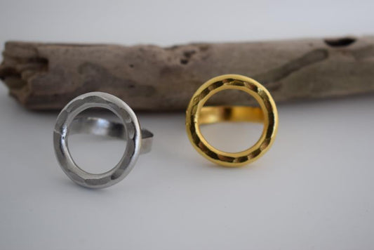 Galaxia ring Greek hammered jewelry with circular open design, available in gold, silver, and rose gold plated.