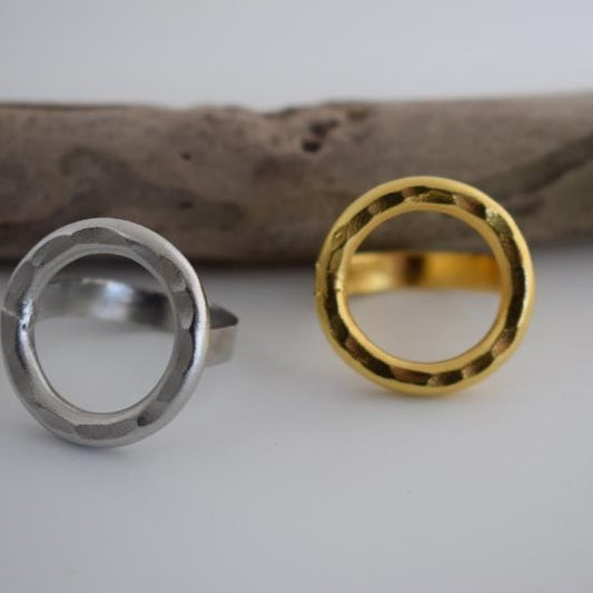 Galaxia ring Greek hammered jewelry with circular open design, available in gold, silver, and rose gold plated.
