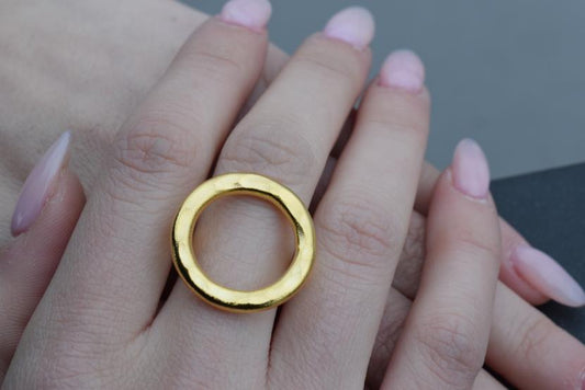Galaxia ring Greek hammered jewelry with circular open design, available in gold, silver, and rose gold plated.