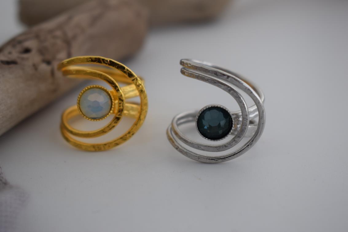 Orion ring Greek hammered jewelry spiral design with round-cut crystal in 18K gold, silver, and rose gold plated finish.