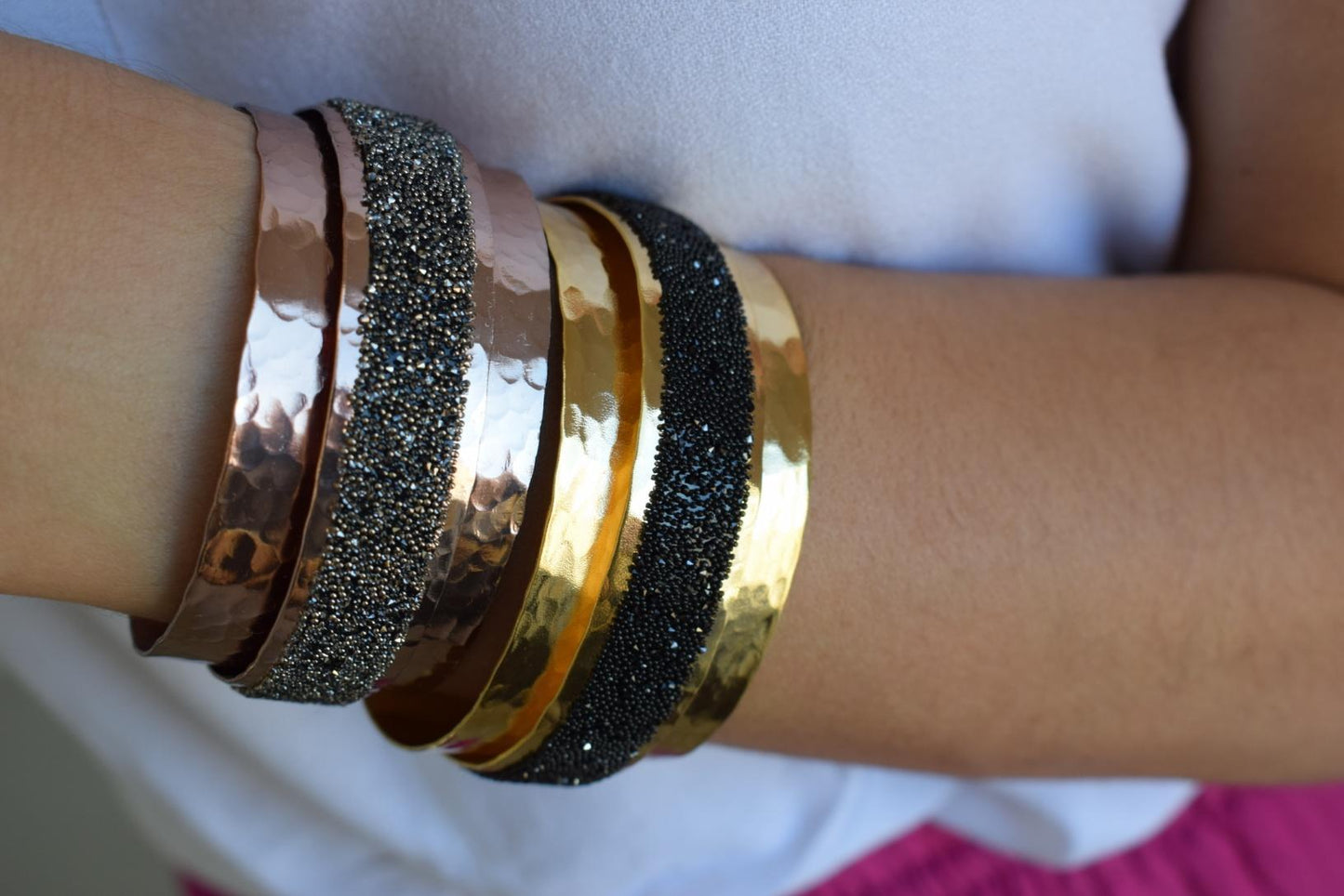 Handmade Eclipse bracelet with Swarovski crystals, Greek hammered jewelry available in 18K gold, silver and rose gold plating.