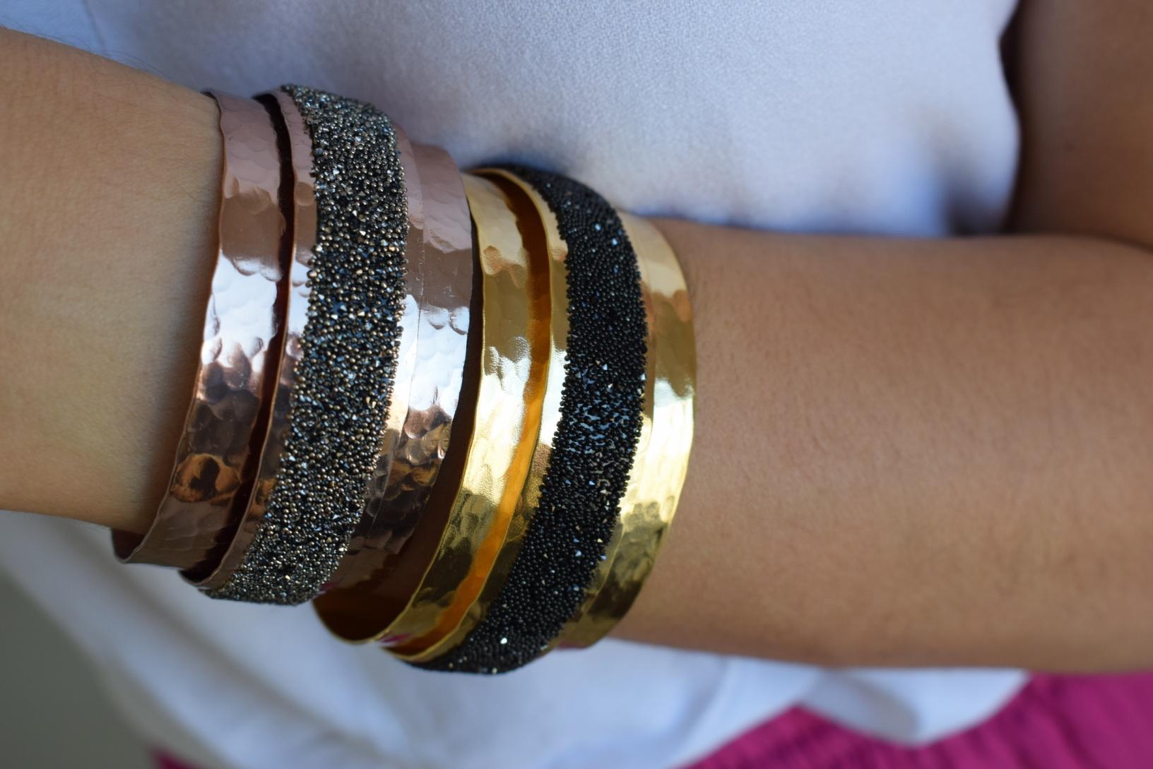 Handmade Eclipse bracelet with Swarovski crystals, Greek hammered jewelry available in 18K gold, silver and rose gold plating.