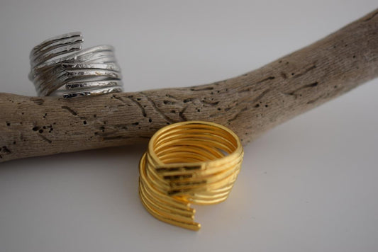 Desmos ring Greek hammered jewelry with bold layered design, available in gold, silver, and rose gold plated.