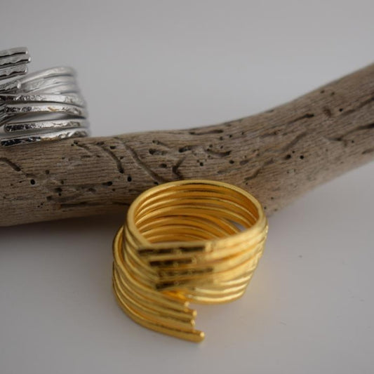 Desmos ring Greek hammered jewelry with bold layered design, available in gold, silver, and rose gold plated.