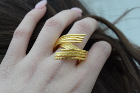 Desmos ring Greek hammered jewelry with bold layered design, available in gold, silver, and rose gold plated.