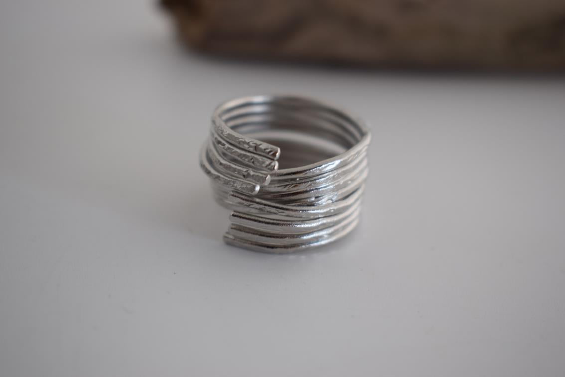 Desmos ring Greek hammered jewelry with bold layered design, available in gold, silver, and rose gold plated.