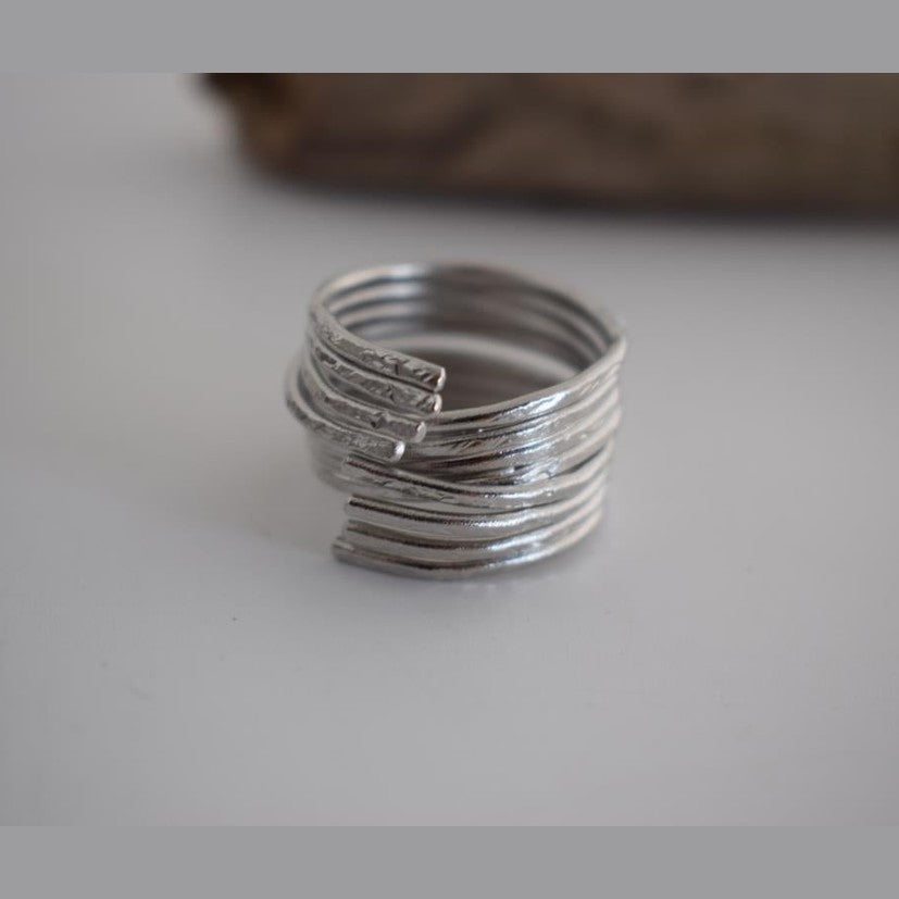 Desmos ring Greek hammered jewelry with bold layered design, available in gold, silver, and rose gold plated.