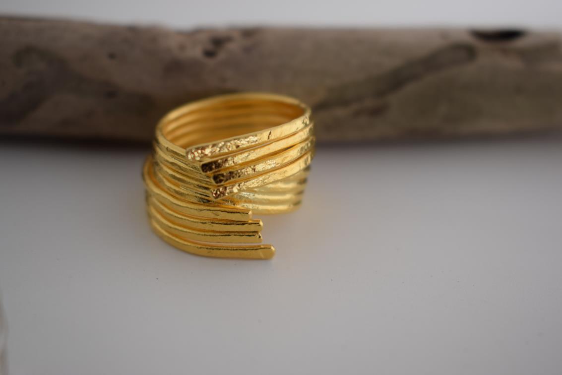 Desmos ring Greek hammered jewelry with bold layered design, available in gold, silver, and rose gold plated.