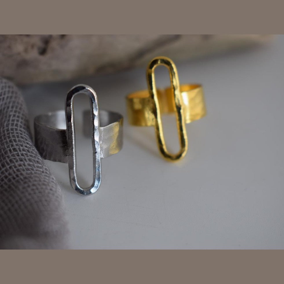 Aenaon ring Greek hammered jewelry with elongated oval design, available in gold, silver, and rose gold plated.