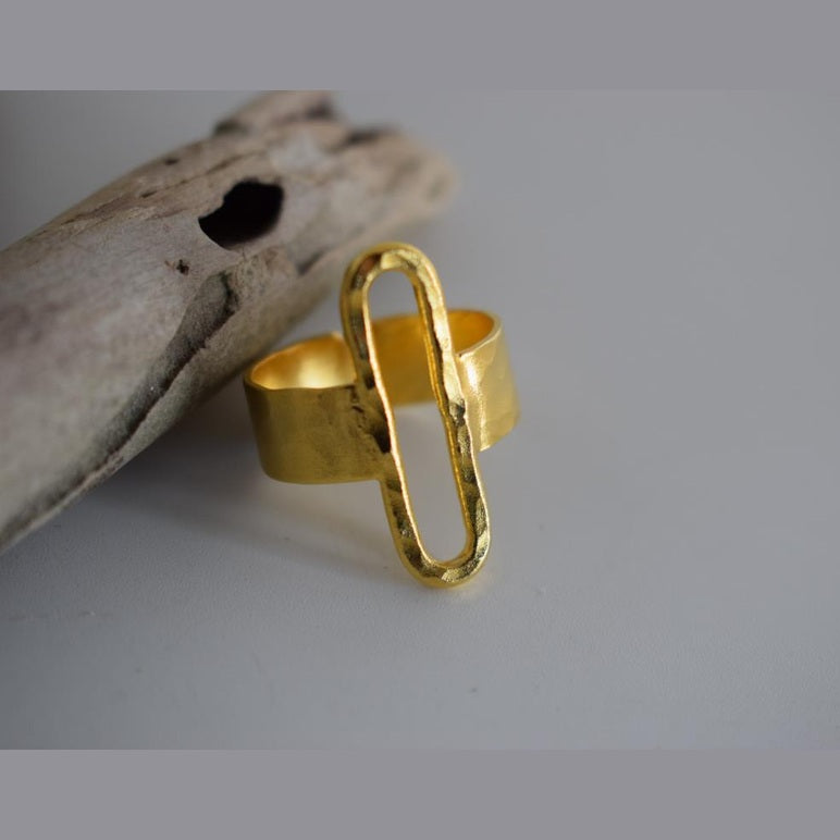 Aenaon ring Greek hammered jewelry with elongated oval design, available in gold, silver, and rose gold plated.