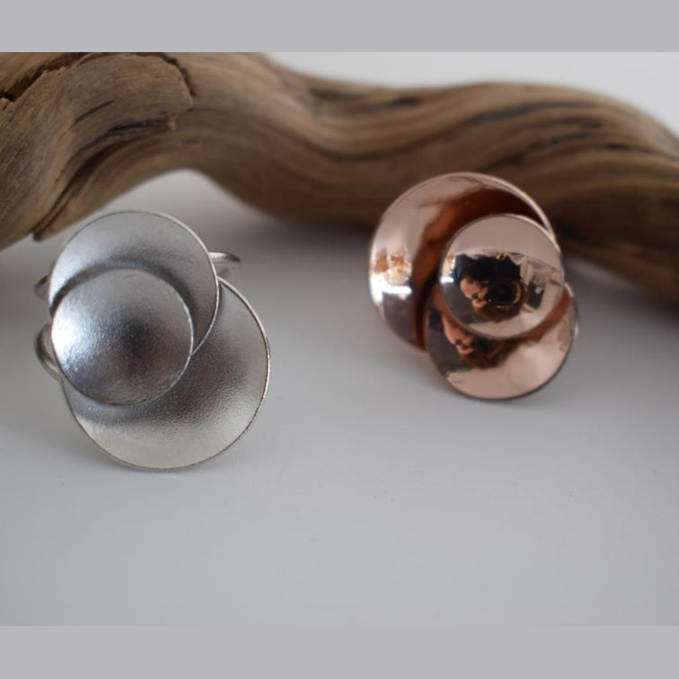 Mycenae ring Greek hammered jewelry with double-disc sculptural design, available in gold, silver, and rose gold plated.