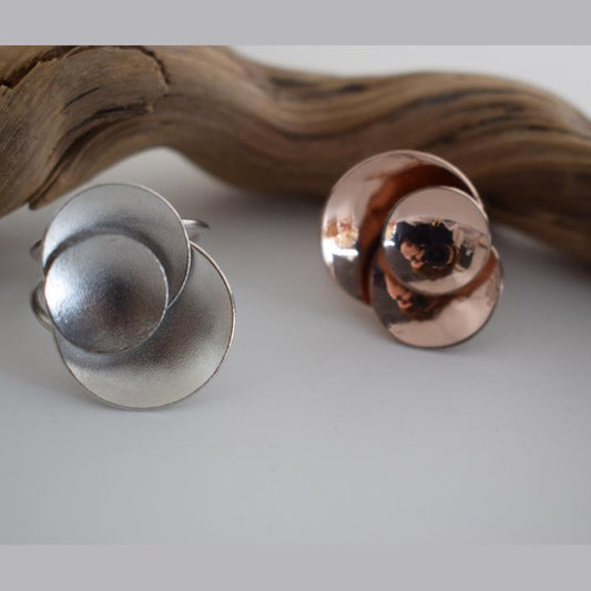 Mycenae ring Greek hammered jewelry with double-disc sculptural design, available in gold, silver, and rose gold plated.