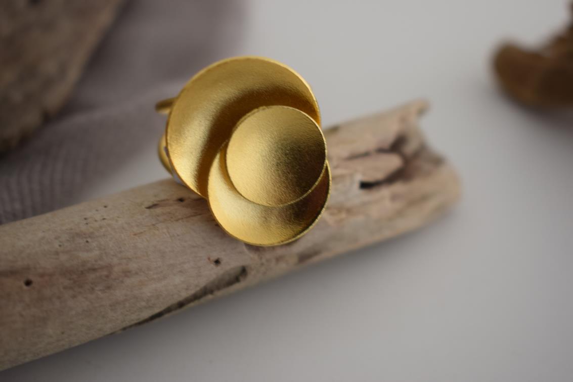 Mycenae ring Greek hammered jewelry with double-disc sculptural design, available in gold, silver, and rose gold plated.