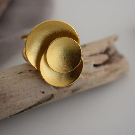 Mycenae ring Greek hammered jewelry with double-disc sculptural design, available in gold, silver, and rose gold plated.