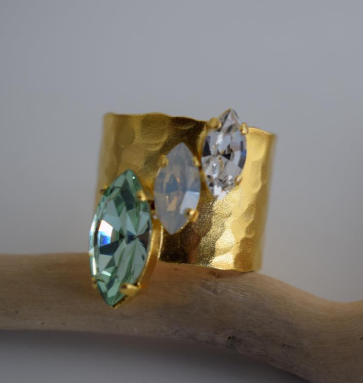 Amaryllis ring Greek hammered jewelry with Swarovski marquise crystals, available in gold, silver, and rose gold plated.