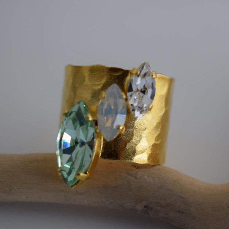 Amaryllis ring Greek hammered jewelry with marquise crystals, available in gold, silver, and rose gold plated.