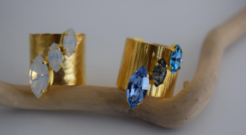 Amaryllis ring Greek hammered jewelry with Swarovski marquise crystals, available in gold, silver, and rose gold plated.