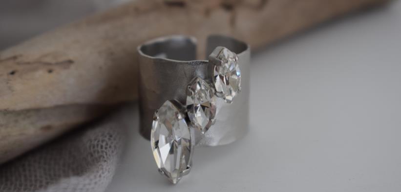 Amaryllis ring Greek hammered jewelry with Swarovski marquise crystals, available in gold, silver, and rose gold plated.