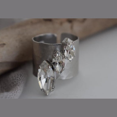 Amaryllis ring Greek hammered jewelry with marquise crystals, available in gold, silver, and rose gold plated.