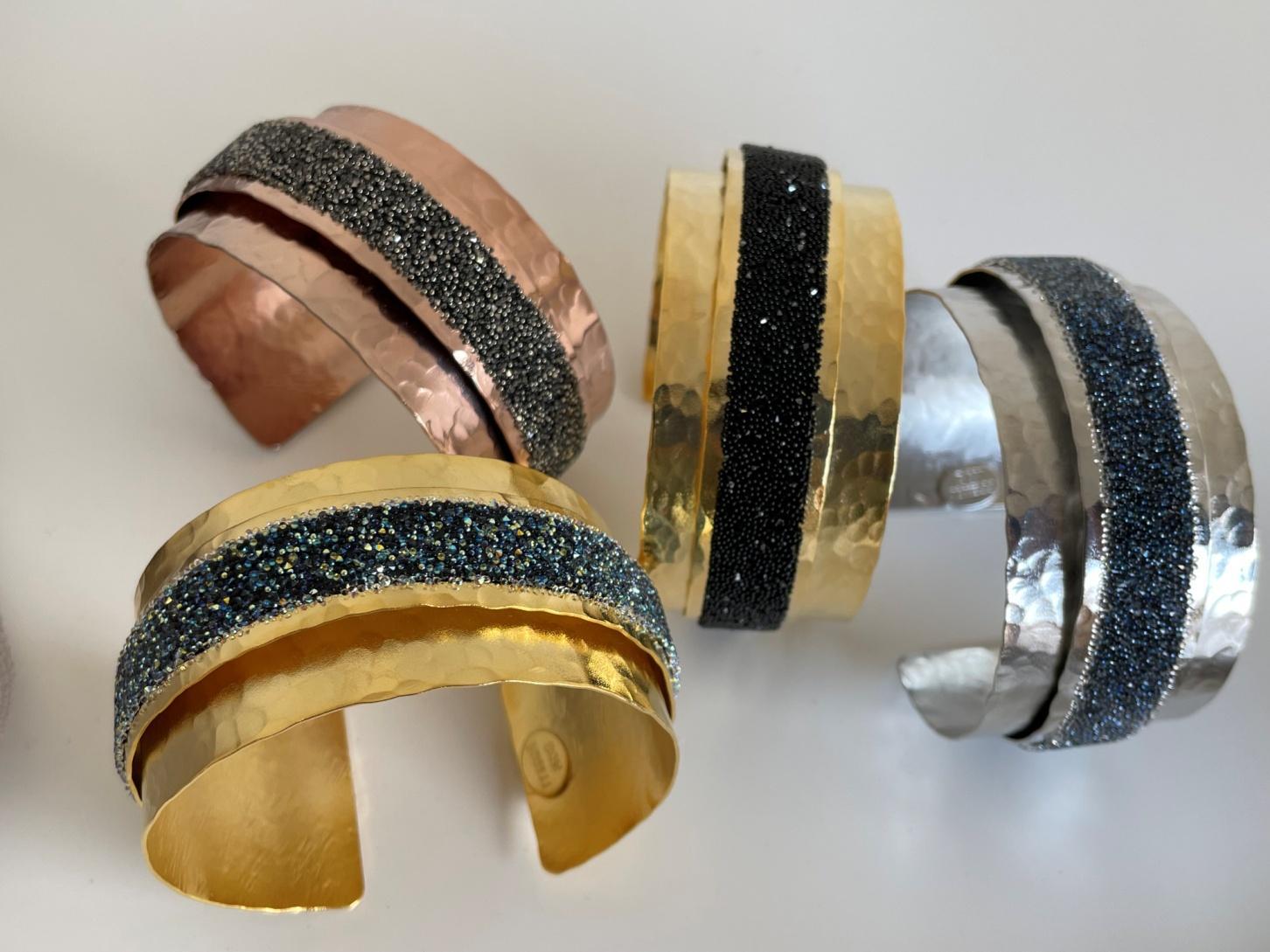 Handmade Eclipse bracelet with Swarovski crystals, Greek hammered jewelry available in 18K gold, silver and rose gold plating.