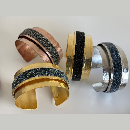 Handmade Eclipse bracelet with Swarovski crystals, Greek hammered jewelry available in 18K gold, silver and rose gold plating.