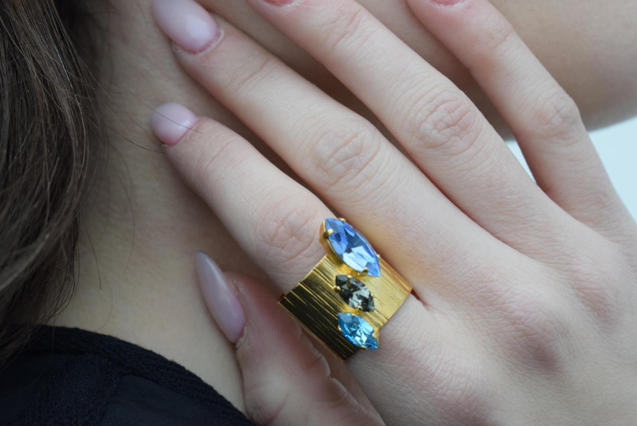 Amaryllis ring Greek hammered jewelry with Swarovski marquise crystals, available in gold, silver, and rose gold plated.