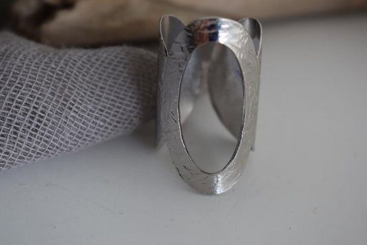 Aegis ring Greek hammered jewelry with bold open oval design, available in gold, silver, and rose gold plated.